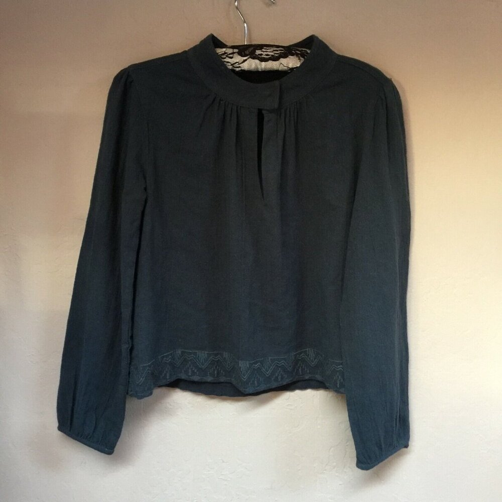 Polder Womens Keyhole Front Long Sleeve Top Blouse Size 36 Embroidered Hem Gray
